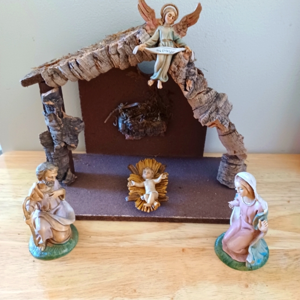 Vintage Italian Resin Nativity Scene with Wood Creche Stable